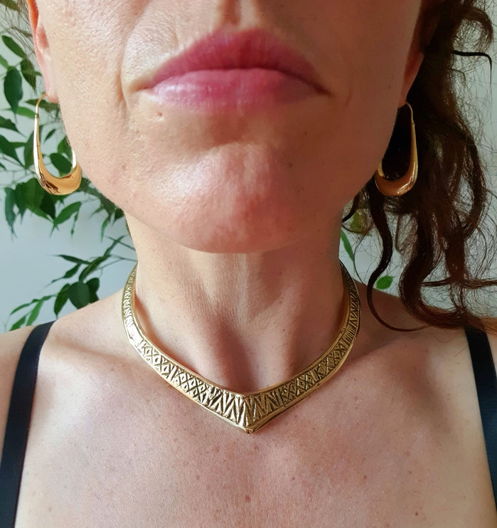 Ethnic Choker Brass Necklace / Rustic / Gypsy / Lightweight / Boho / Tribal / Hippie / Rustic / Vegan / Aztec