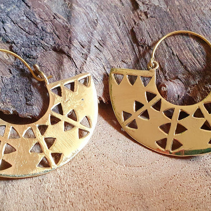 Aztec Inca Style Brass Earrings; Ethnic, Geometric, rustic, yoga, hippie, gypsy, pretty, psy, boho, bohemian, festival