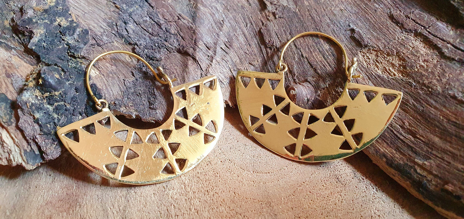 Aztec Inca Style Brass Earrings; Ethnic, Geometric, rustic, yoga, hippie, gypsy, pretty, psy, boho, bohemian, festival