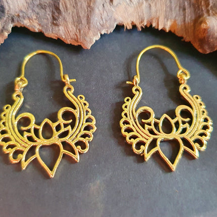 Lotus Flower Brass Hoop Earrings; Ethnic, Geometric, Small, Rustic, Yoga, Hippie, Gypsy, Pretty, Ssy, Boho, Bohemian, Festival