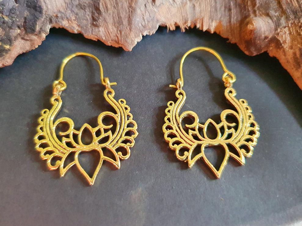 Lotus Flower Brass Hoop Earrings; Ethnic, Geometric, Small, Rustic, Yoga, Hippie, Gypsy, Pretty, Ssy, Boho, Bohemian, Festival