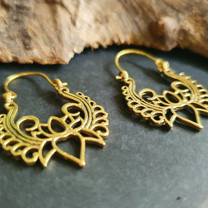 Lotus Flower Brass Hoop Earrings; Ethnic, Geometric, Small, Rustic, Yoga, Hippie, Gypsy, Pretty, Ssy, Boho, Bohemian, Festival