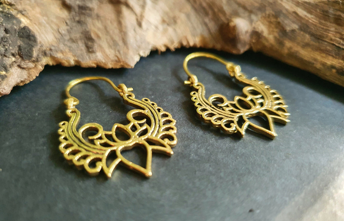 Lotus Flower Brass Hoop Earrings; Ethnic, Geometric, Small, Rustic, Yoga, Hippie, Gypsy, Pretty, Ssy, Boho, Bohemian, Festival