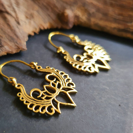 Lotus Flower Brass Hoop Earrings; Ethnic, Geometric, Small, Rustic, Yoga, Hippie, Gypsy, Pretty, Ssy, Boho, Bohemian, Festival