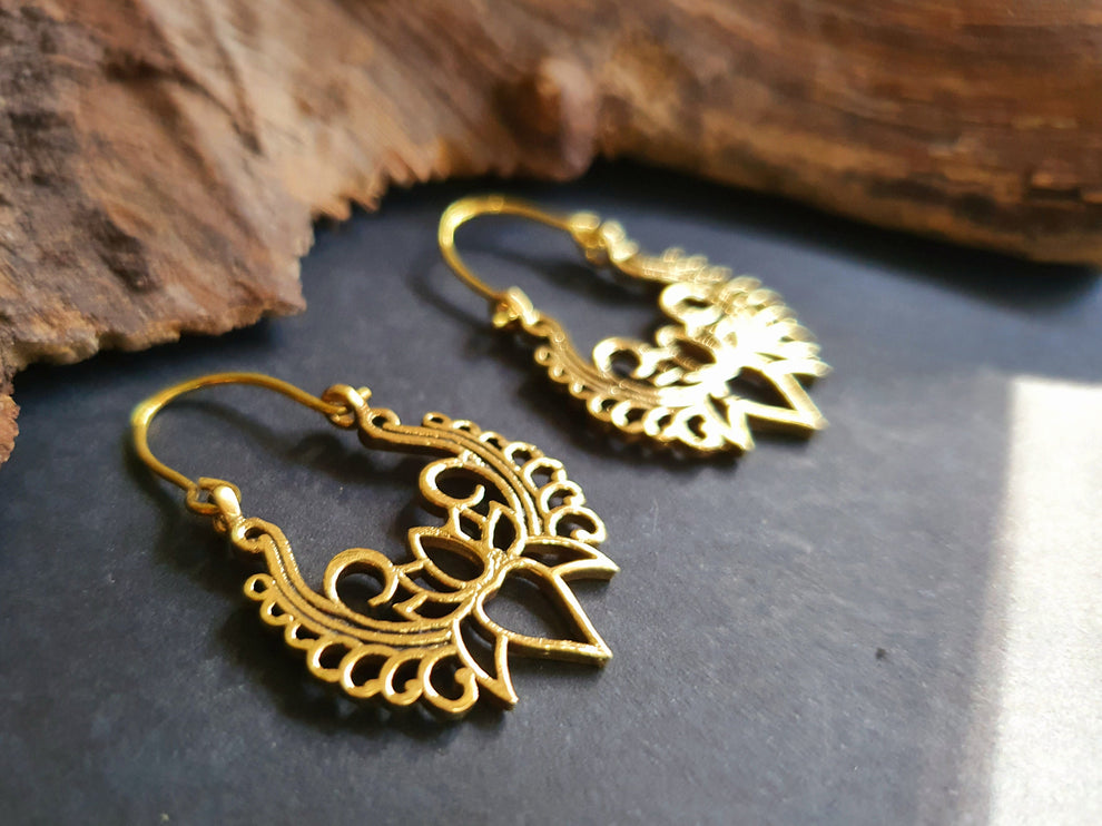 Lotus Flower Brass Hoop Earrings; Ethnic, Geometric, Small, Rustic, Yoga, Hippie, Gypsy, Pretty, Ssy, Boho, Bohemian, Festival