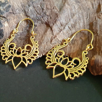 Lotus Flower Brass Hoop Earrings; Ethnic, Geometric, Small, Rustic, Yoga, Hippie, Gypsy, Pretty, Ssy, Boho, Bohemian, Festival