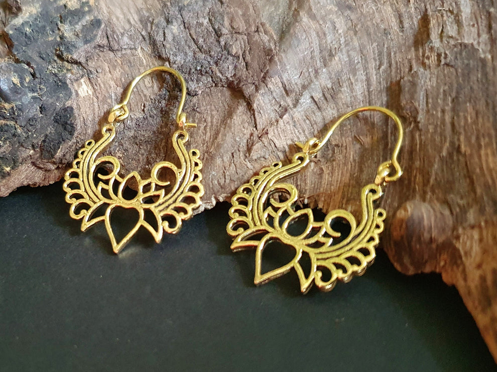 Lotus Flower Brass Hoop Earrings; Ethnic, Geometric, Small, Rustic, Yoga, Hippie, Gypsy, Pretty, Ssy, Boho, Bohemian, Festival