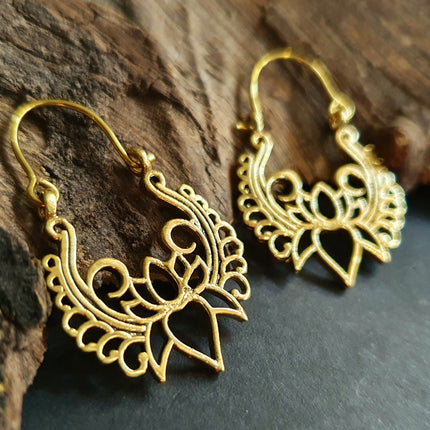 Lotus Flower Brass Hoop Earrings; Ethnic, Geometric, Small, Rustic, Yoga, Hippie, Gypsy, Pretty, Ssy, Boho, Bohemian, Festival