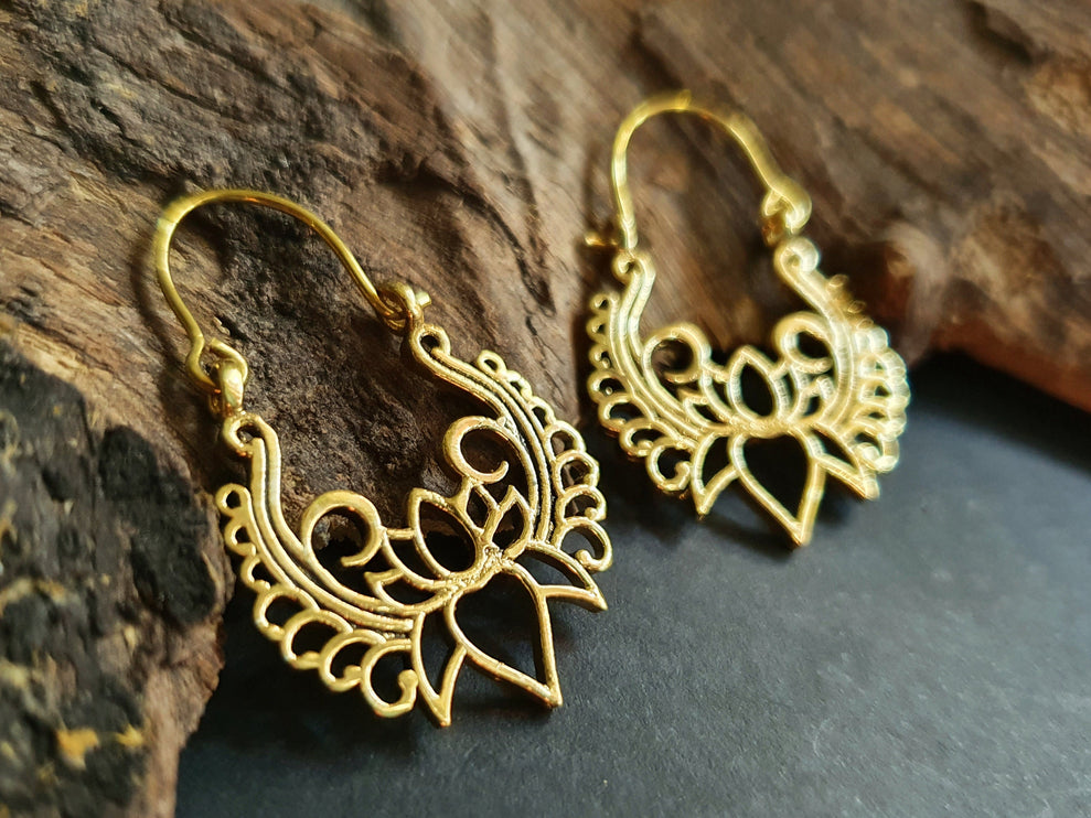 Lotus Flower Brass Hoop Earrings; Ethnic, Geometric, Small, Rustic, Yoga, Hippie, Gypsy, Pretty, Ssy, Boho, Bohemian, Festival