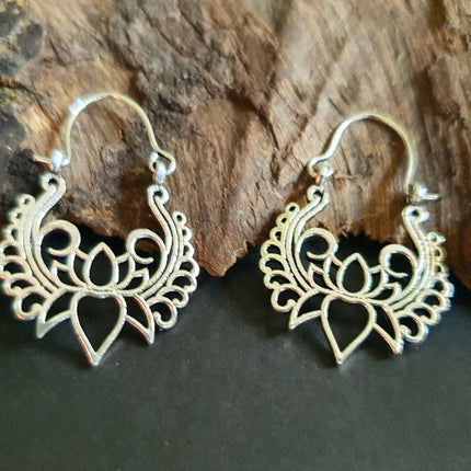 Lotus Flower Silver Hoop Earrings; Ethnic, Geometric, Small, Rustic, Yoga, Hippie, Gypsy, Pretty, Ssy, Boho, Bohemian, Festival