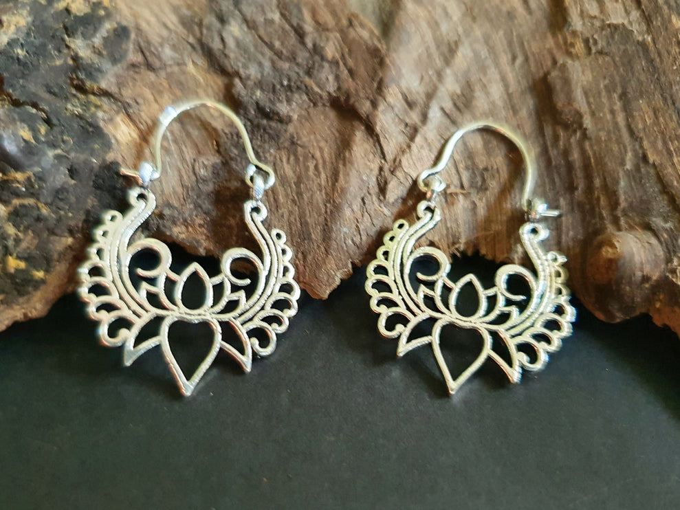 Lotus Flower Silver Hoop Earrings; Ethnic, Geometric, Small, Rustic, Yoga, Hippie, Gypsy, Pretty, Ssy, Boho, Bohemian, Festival