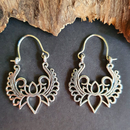 Lotus Flower Silver Hoop Earrings; Ethnic, Geometric, Small, Rustic, Yoga, Hippie, Gypsy, Pretty, Ssy, Boho, Bohemian, Festival