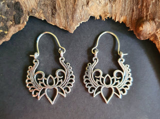 Lotus Flower Silver Hoop Earrings; Ethnic, Geometric, Small, Rustic, Yoga, Hippie, Gypsy, Pretty, Ssy, Boho, Bohemian, Festival