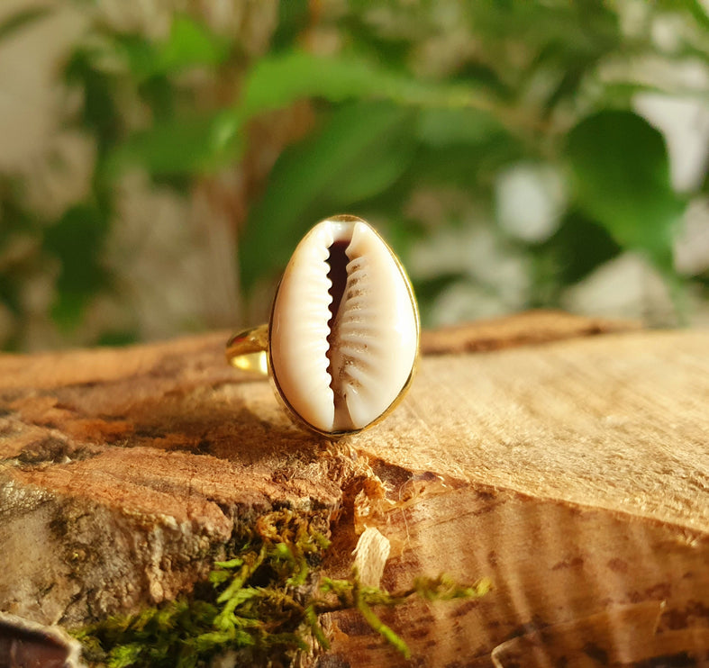 Cowrie Shell Brass Ring / Bohemian / Ethnic / Psy / Rustic / Tribal / Gypsy / Festival / Healing / Festival