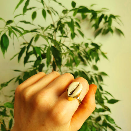 Cowrie Shell Brass Ring / Bohemian / Ethnic / Psy / Rustic / Tribal / Gypsy / Festival / Healing / Festival