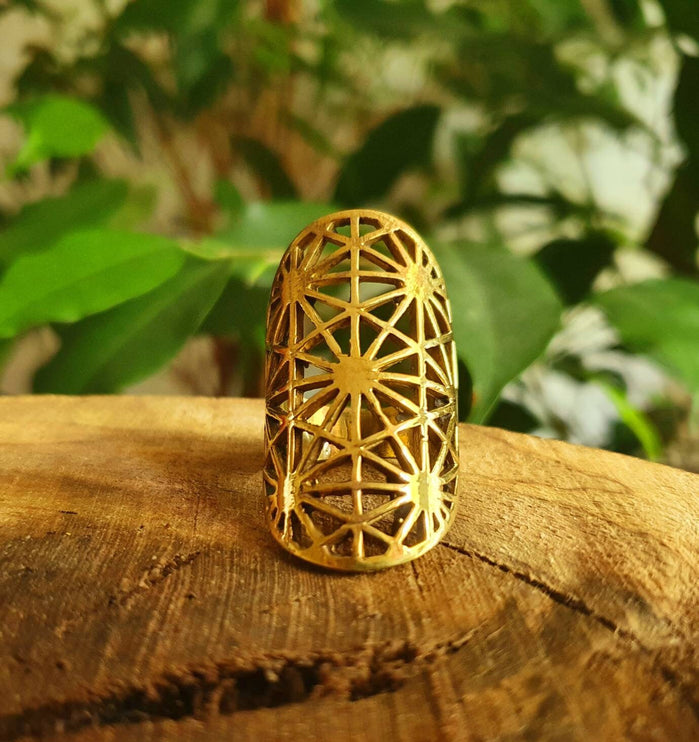 Large Geometric Stars Brass Ring / Boho / Ethnic / Rustic / Festival / Tribal / Hippie / Gypsy / Psy / Thumb / Psy