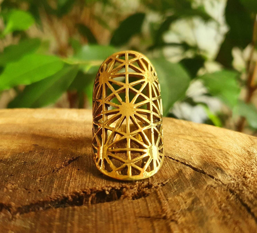 Large Geometric Stars Brass Ring / Boho / Ethnic / Rustic / Festival / Tribal / Hippie / Gypsy / Psy / Thumb / Psy