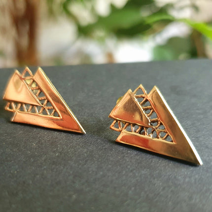 Contemporary Minimalist Gold Triangle Stud Earrings / Geometric Chic Ethnic Boho Bohemian Chic Gypsy Spiral Hippie Festival