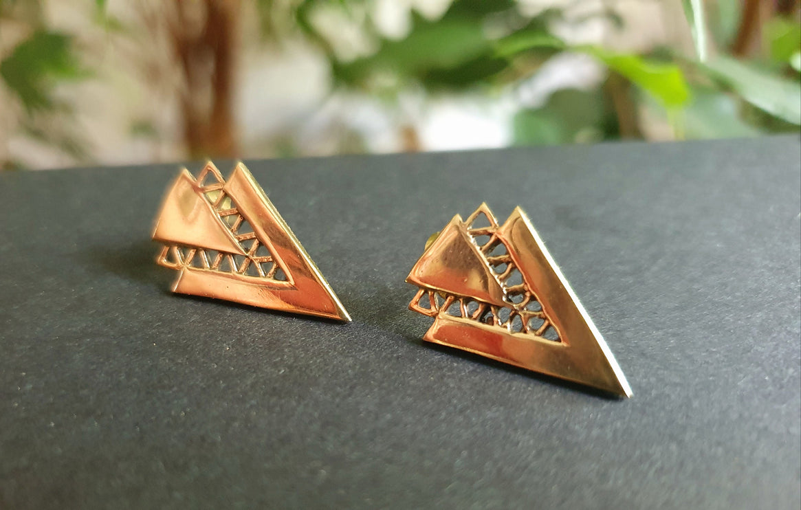 Contemporary Minimalist Gold Triangle Stud Earrings / Geometric Chic Ethnic Boho Bohemian Chic Gypsy Spiral Hippie Festival