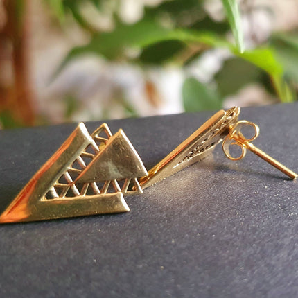 Contemporary Minimalist Gold Triangle Stud Earrings / Geometric Chic Ethnic Boho Bohemian Chic Gypsy Spiral Hippie Festival