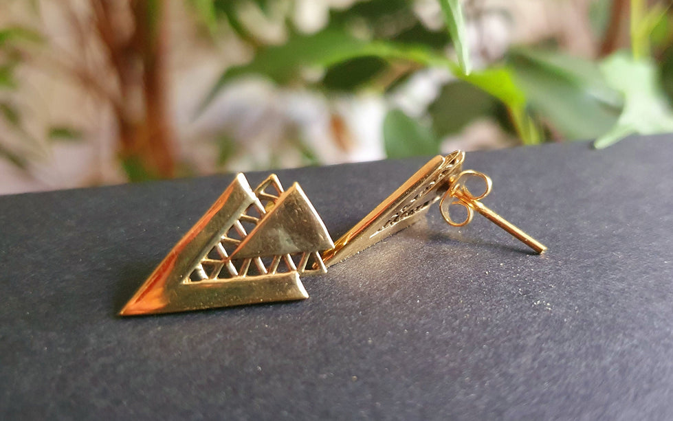 Contemporary Minimalist Gold Triangle Stud Earrings / Geometric Chic Ethnic Boho Bohemian Chic Gypsy Spiral Hippie Festival