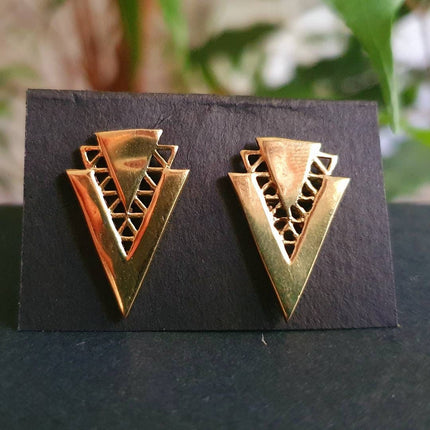 Contemporary Minimalist Gold Triangle Stud Earrings / Geometric Chic Ethnic Boho Bohemian Chic Gypsy Spiral Hippie Festival