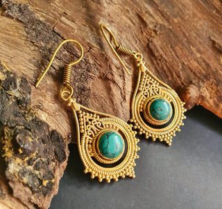 Turquoise Brass Drop Dangle earrings / Birth Stone / Ethnic / rustic, yoga, hippie, gypsy, pretty, psy, boho, bohemian, festival