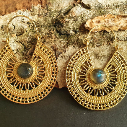 Labradorite & Brass Hoop Earrings Ethnic, rustic, yoga, hippie, gypsy, pretty, psy, boho, bohemian, festival