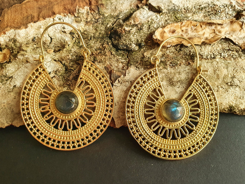 Labradorite & Brass Hoop Earrings Ethnic, rustic, yoga, hippie, gypsy, pretty, psy, boho, bohemian, festival