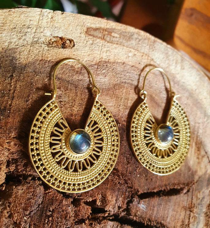 Labradorite & Brass Hoop Earrings Ethnic, rustic, yoga, hippie, gypsy, pretty, psy, boho, bohemian, festival