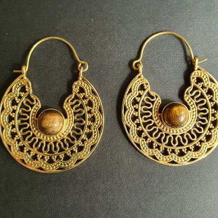 Tiger Eye & Brass Hoop Earrings Ethnic, rustic, yoga, hippie, gypsy, pretty, psy, boho, bohemian, festival