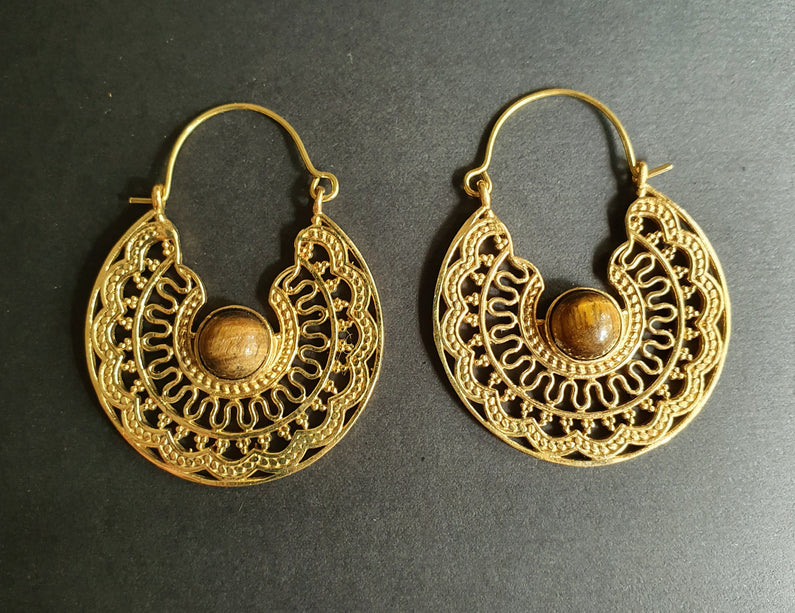Tiger Eye & Brass Hoop Earrings Ethnic, rustic, yoga, hippie, gypsy, pretty, psy, boho, bohemian, festival