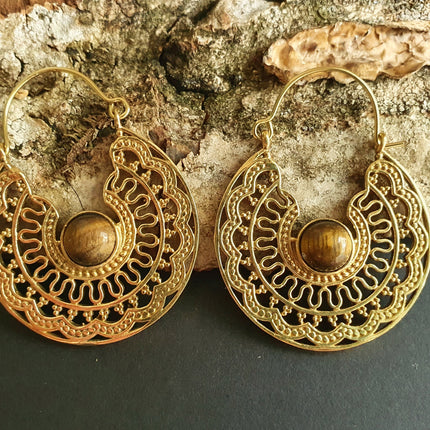 Tiger Eye & Brass Hoop Earrings Ethnic, rustic, yoga, hippie, gypsy, pretty, psy, boho, bohemian, festival
