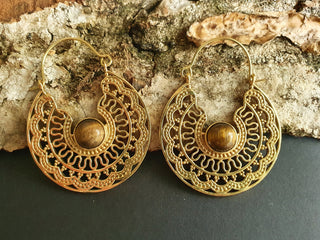 Tiger Eye & Brass Hoop Earrings Ethnic, rustic, yoga, hippie, gypsy, pretty, psy, boho, bohemian, festival