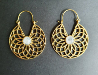 Moonstone & Brass Hoop Earrings Ethnic, rustic, yoga, hippie, gypsy, pretty, psy, boho, bohemian, festival