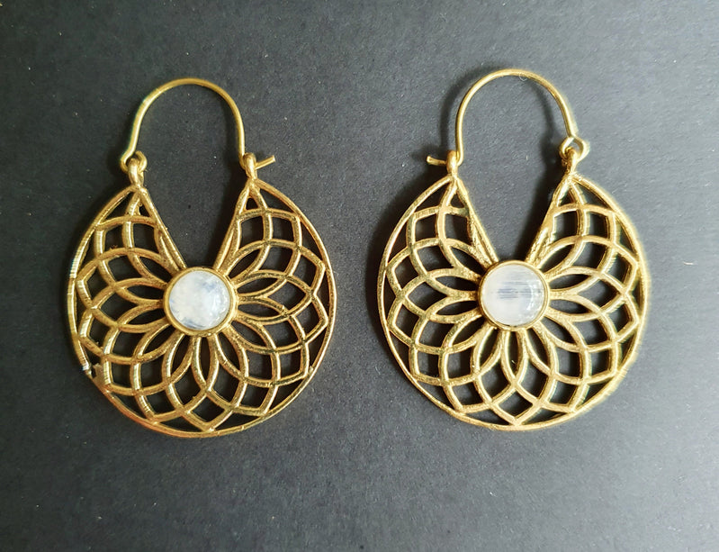 Moonstone & Brass Hoop Earrings Ethnic, rustic, yoga, hippie, gypsy, pretty, psy, boho, bohemian, festival