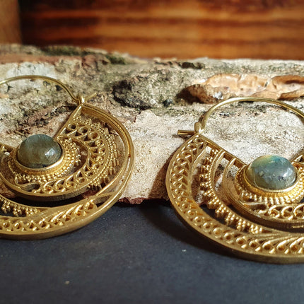 Labradorite & Brass Hoop Earrings Ethnic, rustic, yoga, hippie, gypsy, pretty, psy, boho, bohemian, festival