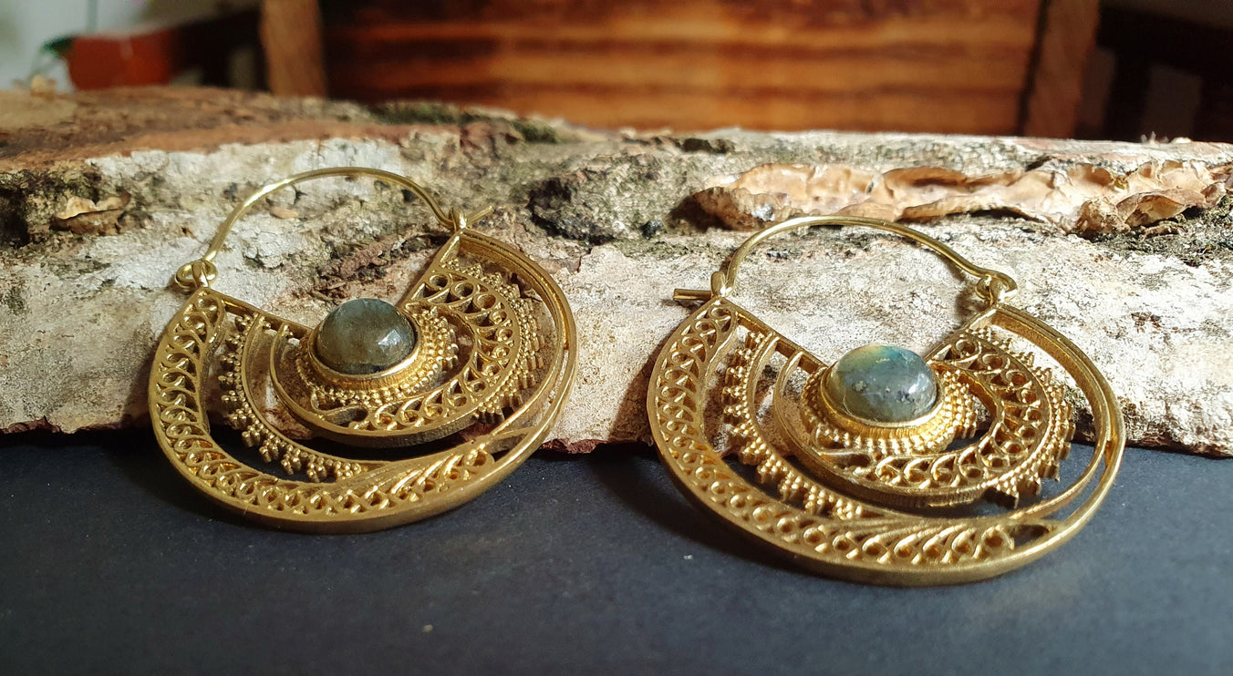 Labradorite & Brass Hoop Earrings Ethnic, rustic, yoga, hippie, gypsy, pretty, psy, boho, bohemian, festival