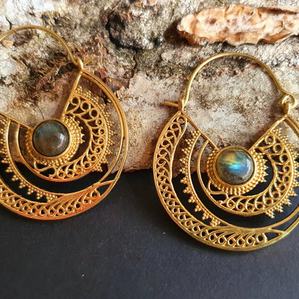 Labradorite & Brass Hoop Earrings Ethnic, rustic, yoga, hippie, gypsy, pretty, psy, boho, bohemian, festival