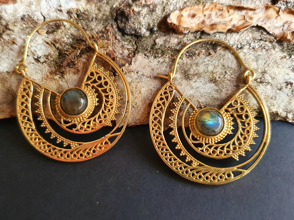 Labradorite & Brass Hoop Earrings Ethnic, rustic, yoga, hippie, gypsy, pretty, psy, boho, bohemian, festival