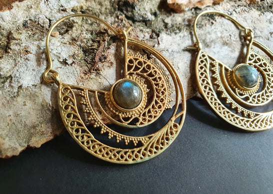 Labradorite & Brass Hoop Earrings Ethnic, rustic, yoga, hippie, gypsy, pretty, psy, boho, bohemian, festival