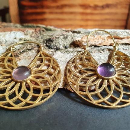 Amethyst & Brass Hoop Earrings Ethnic, rustic, yoga, hippie, gypsy, pretty, psy, boho, bohemian, festival