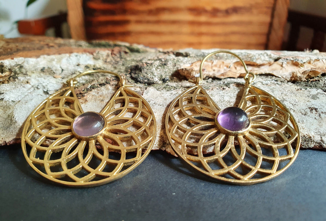 Amethyst & Brass Hoop Earrings Ethnic, rustic, yoga, hippie, gypsy, pretty, psy, boho, bohemian, festival