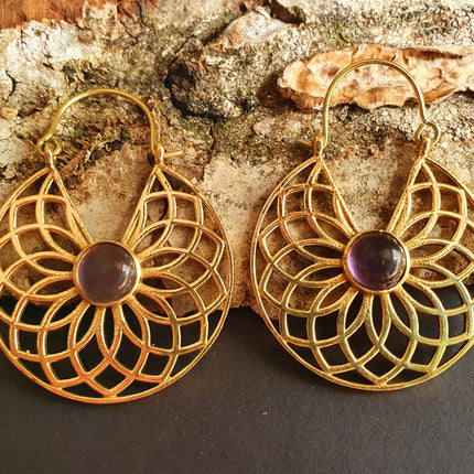 Amethyst & Brass Hoop Earrings Ethnic, rustic, yoga, hippie, gypsy, pretty, psy, boho, bohemian, festival