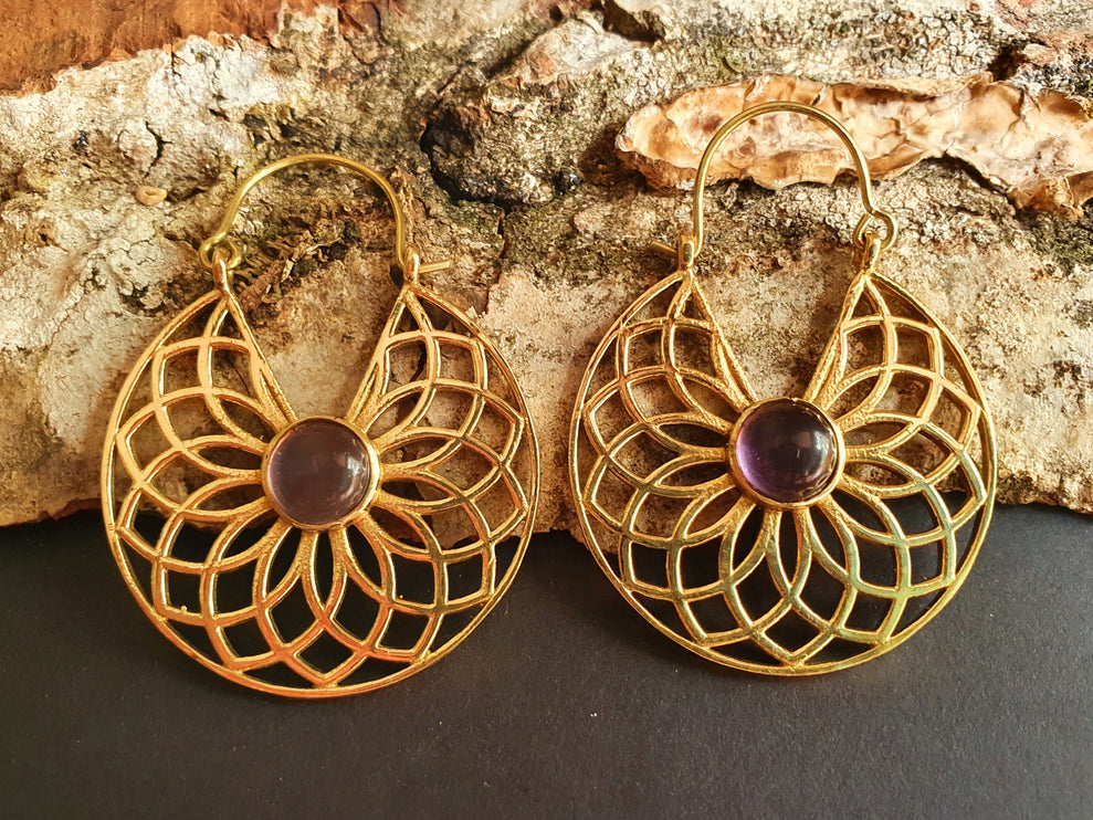 Amethyst & Brass Hoop Earrings Ethnic, rustic, yoga, hippie, gypsy, pretty, psy, boho, bohemian, festival