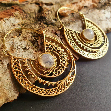 Moonstone & Brass Hoop Earrings Ethnic, rustic, yoga, hippie, gypsy, pretty, psy, boho, bohemian, festival