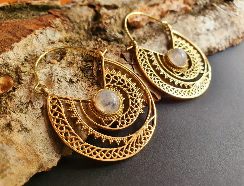 Moonstone & Brass Hoop Earrings Ethnic, rustic, yoga, hippie, gypsy, pretty, psy, boho, bohemian, festival