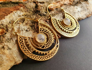 Moonstone & Brass Hoop Earrings Ethnic, rustic, yoga, hippie, gypsy, pretty, psy, boho, bohemian, festival