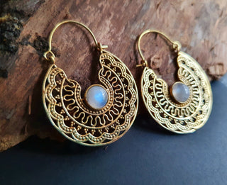 Moonstone & Brass Hoop Earrings Ethnic, rustic, yoga, hippie, gypsy, pretty, psy, boho, bohemian, festival