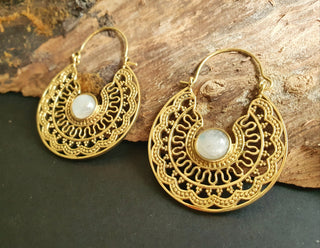 Moonstone & Brass Hoop Earrings Ethnic, rustic, yoga, hippie, gypsy, pretty, psy, boho, bohemian, festival